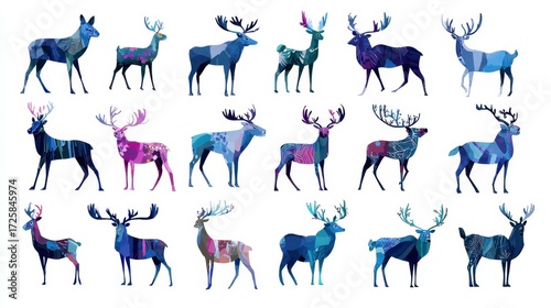 Abstract Deer Collection: A vibrant and artistic collection of diverse deer illustrations, each showcasing a unique abstract design and color palette against a clean backdrop. 