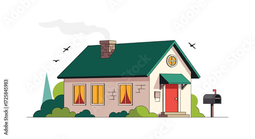 A cozy suburban house with a green roof and a mailbox.