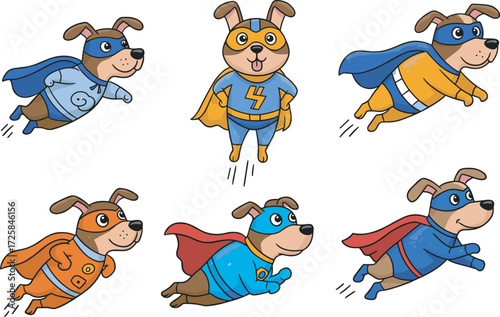 Cartoon superhero dogs flying, animal heroes illustration, colorful dog costumes, vector art for kids, fun action scene, dynamic pet characters