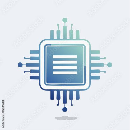 Stylized digital illustration of a computer microprocessor chip icon with circuit pathways, representing technology and data processing.