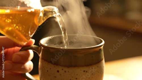 Pouring hot tea into a mug