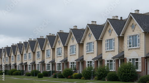 Uniform row of identical houses featuring pitched roofs and upstairs windows under a cloudy sky