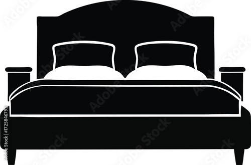 Elegant Bed with Pillows and Headboard silhouette on white background