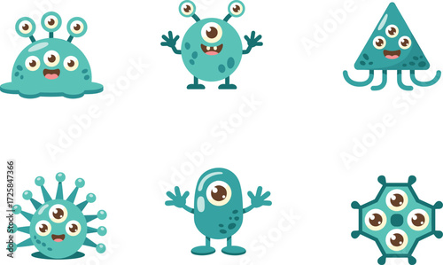 Cartoon alien monsters, cute extraterrestrial characters, funny teal creatures, multiple eyes, fantasy illustration, playful vector artwork, whimsical design, imaginative kids concept