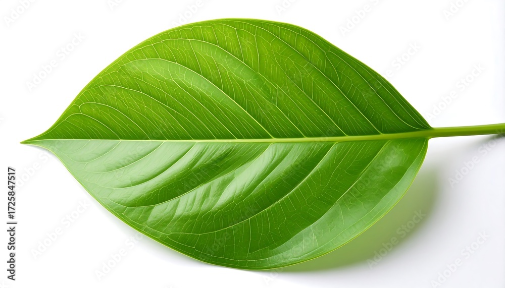 Obraz premium Glossy green leaf, elongated oval shape, central stem, prominent veins on white background