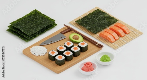 A Culinary Composition: Sushi Preparation with Fresh Ingredients and Tools Display