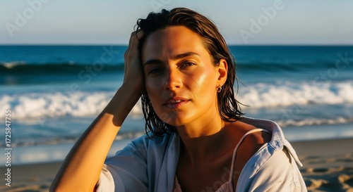 Woman at beach with ocean waves
