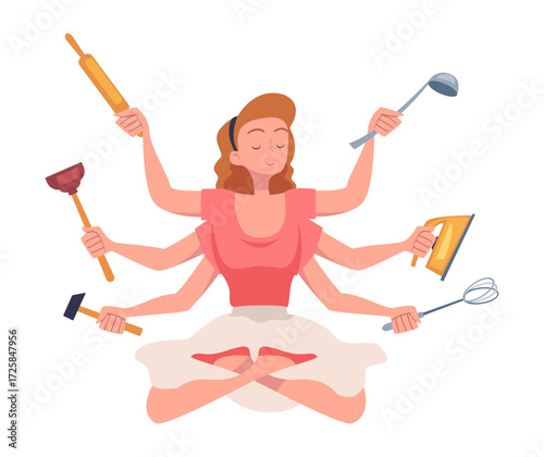 Multitasking Woman Housewife Character with Many Hands Vector Illustration