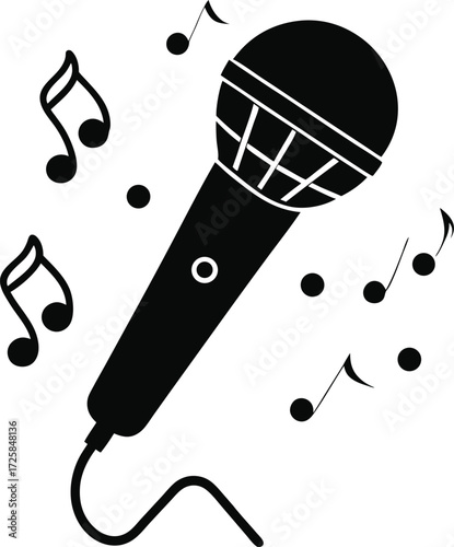 Singing Microphone Music Notes Silhouette on white background