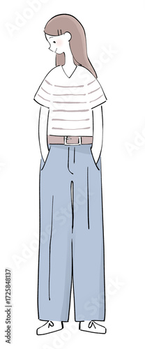 夏のパンツスタイルの女性