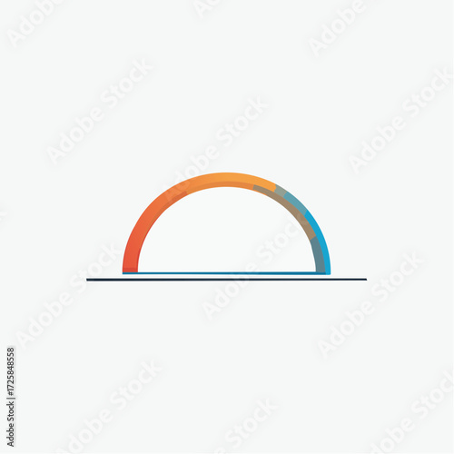 A minimalist graphic design featuring a semi-circular arch with an orange to blue gradient, resting on a thin horizontal line against a white background.