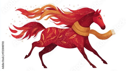 Ethereal Horse Illustration: A vibrant, fiery horse gallops gracefully across an unseen landscape. With a scarf, this artwork, bursting with rich hues and delicate details, evokes a sense of magic.
