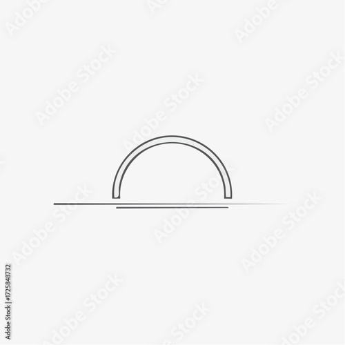 A minimalist line drawing of a semi-circle arch above a horizontal line, suggesting a sunrise or abstract symbol.