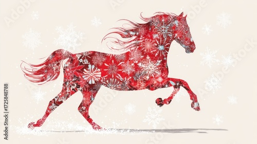 Crimson Horse Silhouette: A spirited silhouette of a crimson horse gallops gracefully across a canvas, adorned with delicate floral and snowflake patterns.