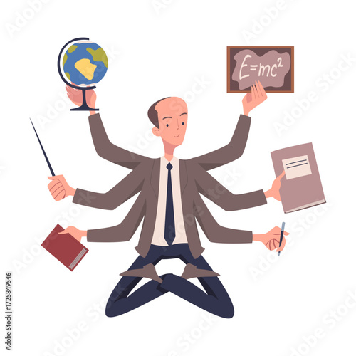 Multitasking Man Teacher Character with Many Hands Vector Illustration