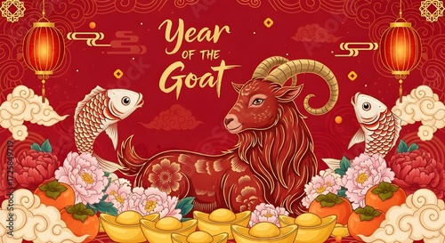 Chinese New Year celebration with goat symbol and traditional elements for festive decorations