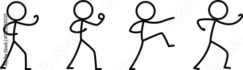 Stickman martial arts poses with boxing, punching, kicking, and fighting movements representing combat training and sports activity