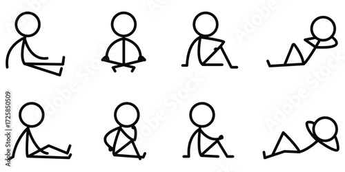 Stickman sitting and resting poses with meditation, yoga, stretching, and relaxation activities showing peace, wellness, and leisure