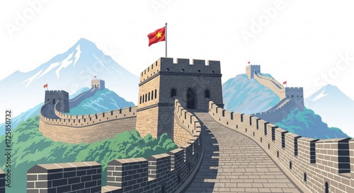 Illustration of the great wall of china with mountains in the background and a chinese flag on top of the tower