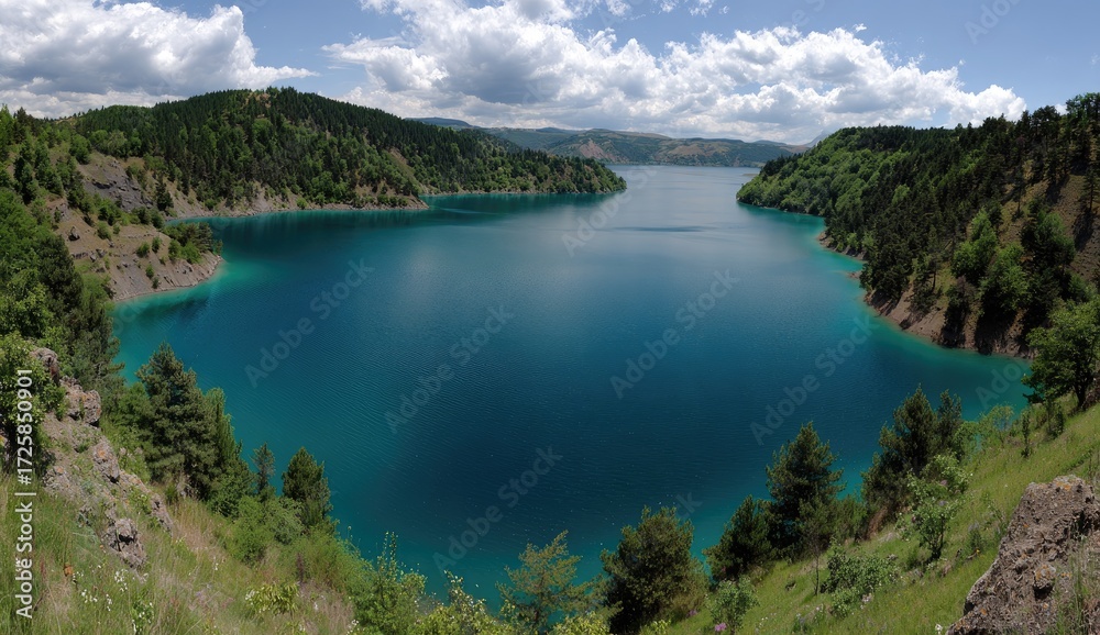 Fototapeta premium Serene turquoise lake nestled amidst lush green hills under a partly cloudy sky.