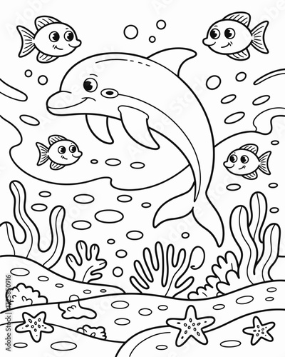 Happy dolphins and colorful fish swim amongst ocean plants and bubbles