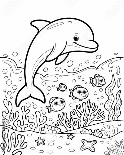 A playful dolphin leaps above coral and colorful fish in the ocean