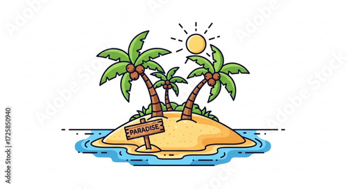 A tropical island with palm trees, a paradise sign, and a sun a serene escape to a sunny beach destination