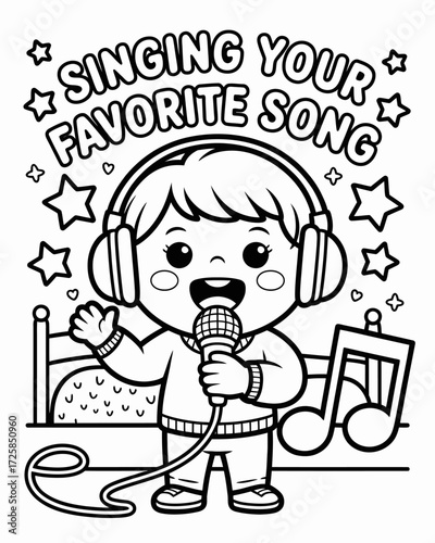 A joyful cartoon boy singing with a microphone and headphones