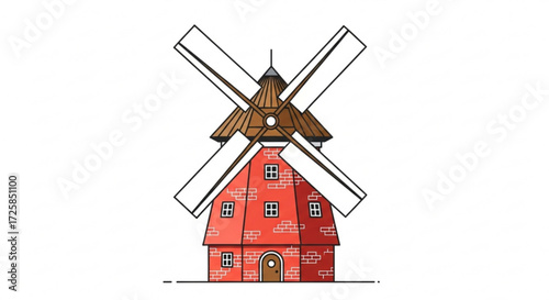 Illustration of a red brick windmill with white sails, showcasing traditional architecture and rural charm in a simple design