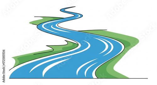 Illustration of a winding river with green banks, depicting a serene natural scene with flowing water and lush vegetation