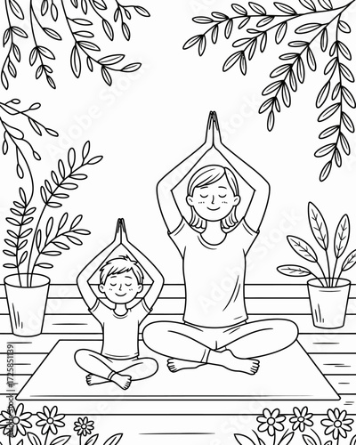 A mother and child practicing yoga together in a peaceful garden setting