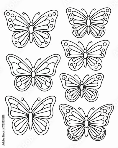 A collection of detailed butterfly drawings in simple black and white