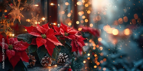Festive holiday scene with poinsettias and glowing christmas lights