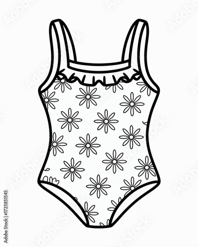 A simple line drawing of a floral patterned one piece swimsuit