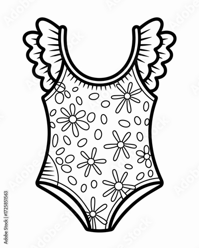 Floral patterned one piece swimsuit with ruffled details black and white