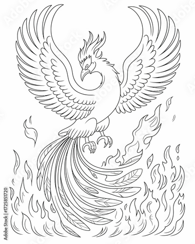 Detailed line art illustration of a phoenix rising from the flames