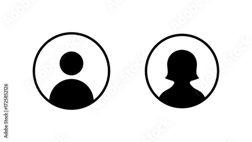 Male and female user profile avatar icons set, simple black silhouette pictograms of man and woman inside circle isolated on transparent background vector illustration