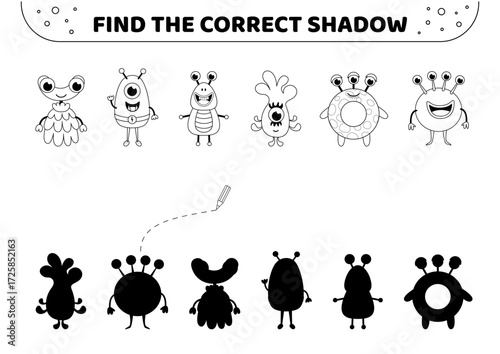Find the correct shadow. Monsters. Black and white. Shadow matching game. Isolated vector illustration eps 10