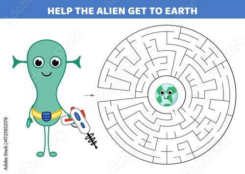 Round maze. Help the alien find way to the Earth. Labyrinth for kids. Cartoon, isolated vector illustration eps 10

