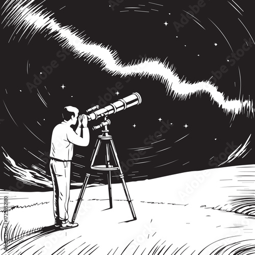 Man looking through telescope at starry night sky and milky way