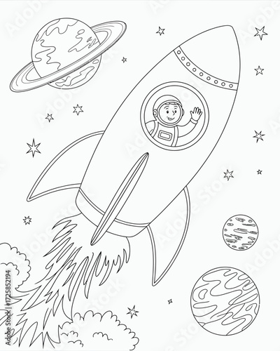 A happy astronaut flies through space in a rocket ship