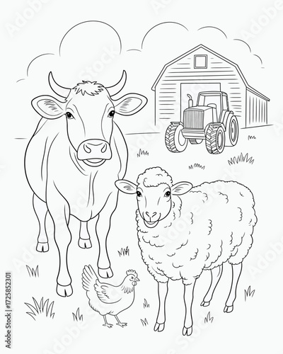 A charming farm scene featuring a cow sheep chicken and barn