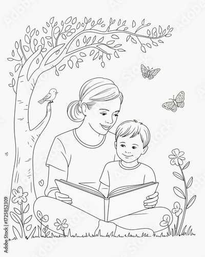 A mother and son share a peaceful moment reading under a tree