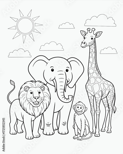 African safari animals including a giraffe elephant lion and monkey