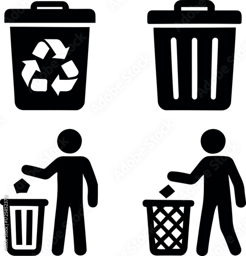 Recycling and waste management icons depicting trash cans and people disposing of garbage isolated on transparent background
