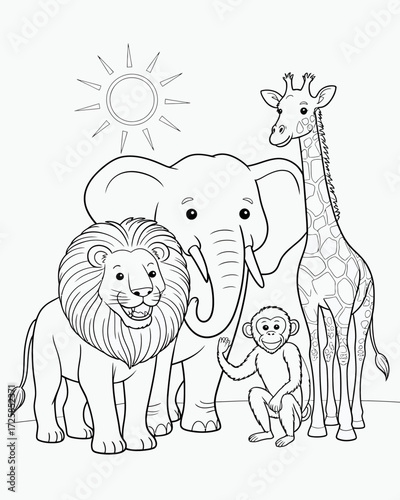 A charming illustration featuring a giraffe lion elephant and monkey