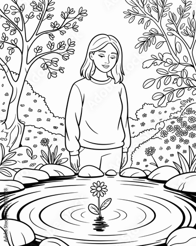 A girl stands near a pond with trees and flowers around