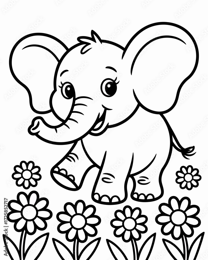 Naklejka premium Adorable baby elephant illustration with flowers perfect for coloring pages