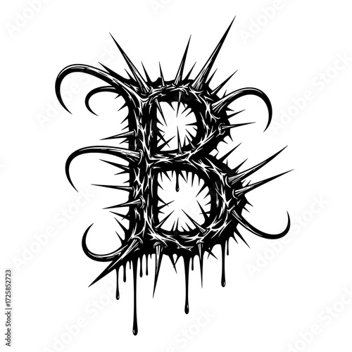 Black and white stylized letter B with thorns and dripping blood effect.