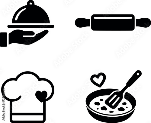 Collection of cooking icons, including food serving, rolling pin, chef hat, and pan with spatula isolated on transparent background